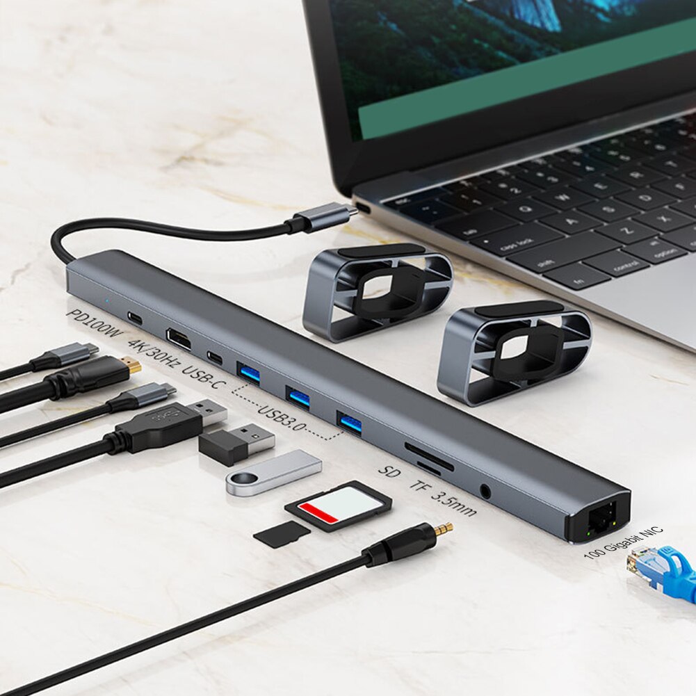 USB C 허브 동글 헤드폰/스피커 연결 SD/TF 카드 리더, 10 인 1 멀티포트, 100W PD, HDMI 호환, 4K 맥북 화웨이용